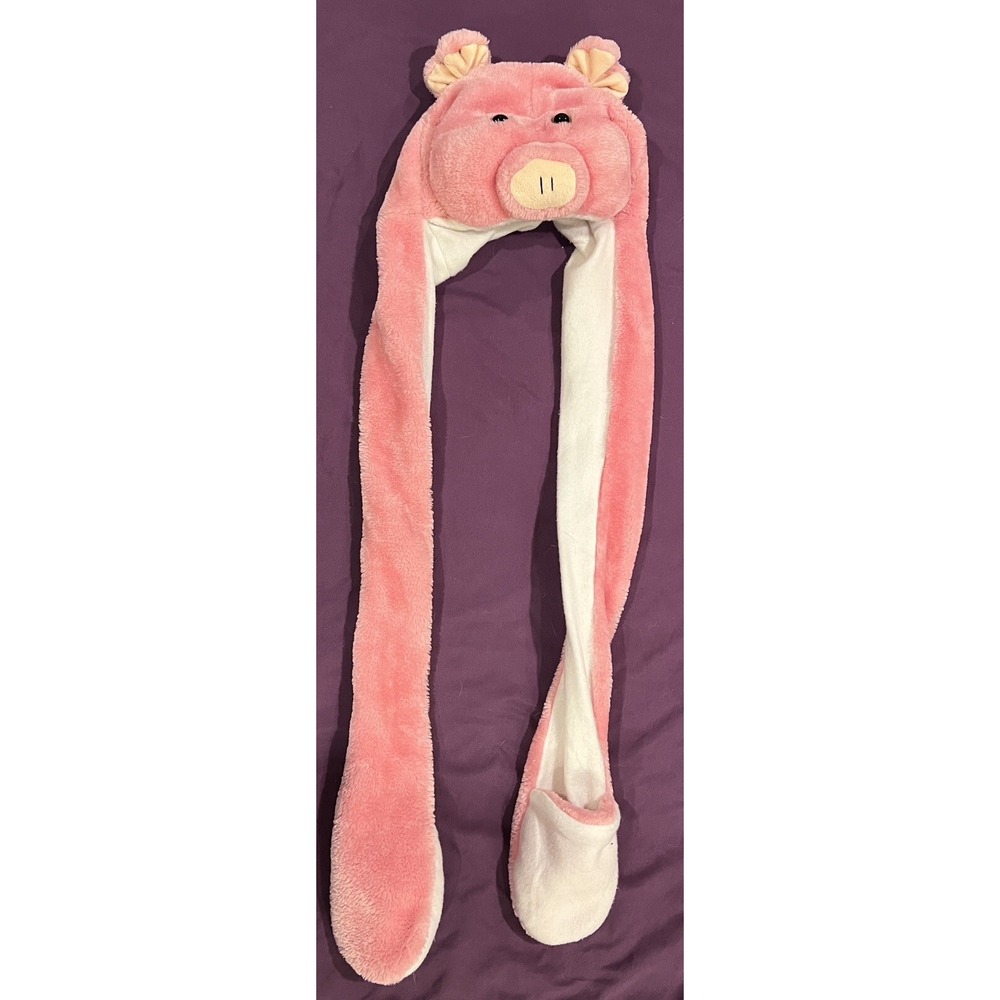 Pig‎ Hat Animal Fluffy with Hood Scarf Long Mittens EUC